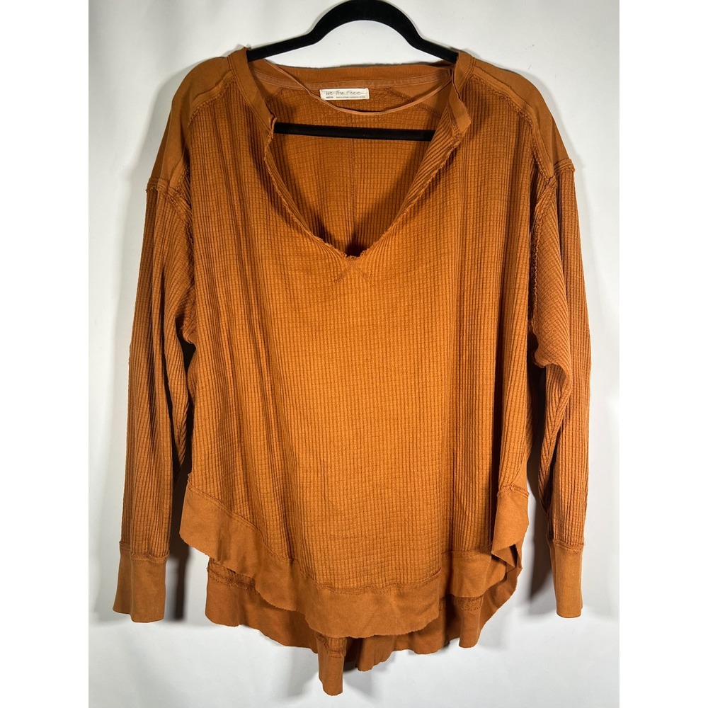 Free People We The Free Thermal Top Rust Orange V-Neck Waffle Knit Medium Mens